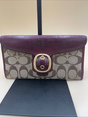 Coach Signature Canvas Wallet Burgundy Leather Trim and Gold Buckle Hardware